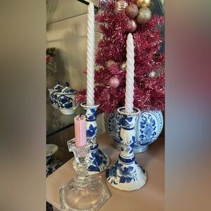 Vintage Blue & White Chinoiserie Ceramic Candlestick Pair of 2 Candlesticks